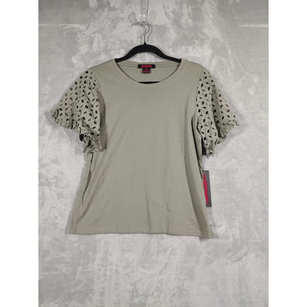 Rock & Roll Denim Womens Jade Green Eyelet Flutter Sleeve Tee Shirt BW21T03244 S